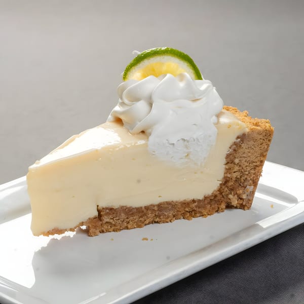 A slice of key lime pie with whipped cream and a lime wedge on a white plate.