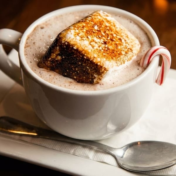 Hot chocolate with a toasted marshmallow and candy cane on a white plate with a spoon.